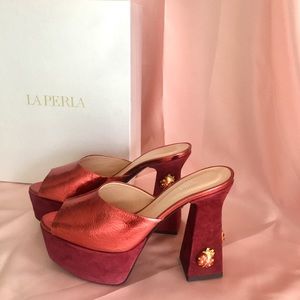 La Perla Red Platform Embellished Mules, US 8